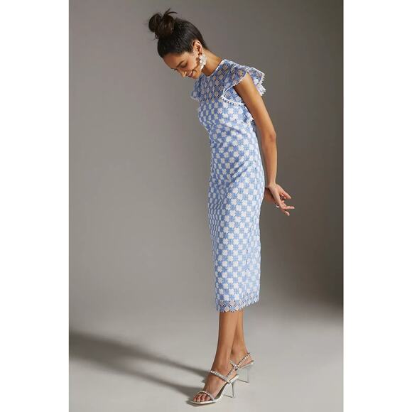 SHOSHANNA Rachel Ruffle Lace Midi Dress Size 12 Blue & White Wedding Guest - Picture 14 of 14